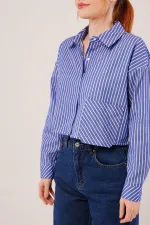 Crop Model Cepli Ve Çizgili Mavi Toptan Gömlek