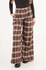 Pantalons à carreaux café en gros avec ceinture détaillée