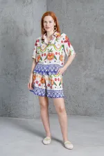 Desenli Şortlu Keten Toptan Bej İkili Takım