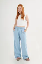 Bel Lastikli Paça Detaylı Cepli Toptan Mavi Pantolon