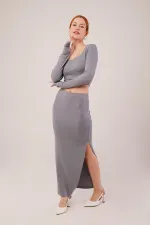 Kare Yaka Bluz Ve Yırtmaç Detaylı Etek Toptan İkili Gri Takım