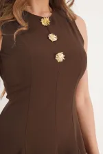 Pilili Kloş Kesim Gold Detay Kahve Toptan Elbise