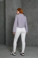 Uzun Cepli Çizgili Mor Toptan Gömlek