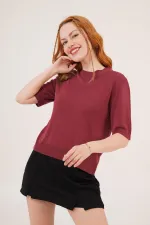 Yarım Kol Yuvarlak Yaka Likralı Toptan İnce Bordo Triko Bluz