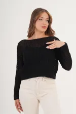 File Geniş Yaka Toptan Siyah Örme Bluz