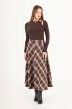 Kareli Yüksek Bel Trend Kahve Toptan Etek