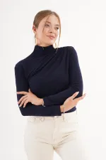 Omuz Ve Bel Büzgülü Dik Yaka Toptan Lacivert Bluz