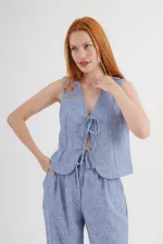 Ön Bağlama Detaylı Yelek Ve Pantolon İndigo Toptan İkili Takım