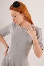 Dikiş Detaylı Kısa Kollu Toptan Gri Uzun Elbise