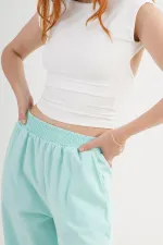 Wholesale Aqua Green Trousers with Elastic Waistband and Pocket Detail