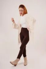 Püskül Detaylı Delikli Model Toptan Krem Hırka