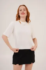 Yarım Kol Yuvarlak Yaka Likralı Toptan İnce Beyaz Triko Bluz