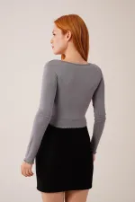 Geniş Yaka Gri Toptan Basic Body Bluz