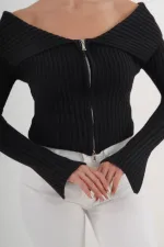 Madonna Yaka Full Fermuarlı Toptan Siyah Triko Bluz