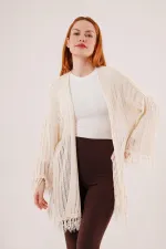 Püskül Detaylı Delikli Model Toptan Krem Hırka