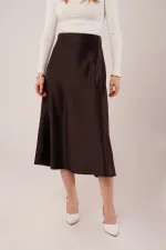 Çan Kesim Midi Kahverengi Toptan Saten Etek
