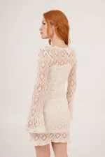 Openwork Boat Neck Wholesale Ecru Dress