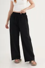 Bel Lastikli Paça Detaylı Cepli Toptan Siyah Pantolon