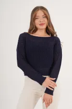 Wholesale Navy Blue Knitted Blouse with Wide Collar