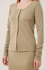 Çizgili Etek Düğmeli Bluz Toptan Haki Takım