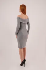Madonna Collar Corduroy Wholesale Gray Knit Dress