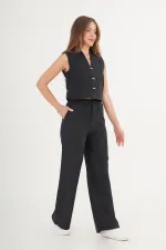 Gilet sans manches, pantalon large, costume noir en daim (vente en gros)