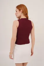 Sıfır Kol Düğme Detaylı Fitilli Bordo Toptan Bluz