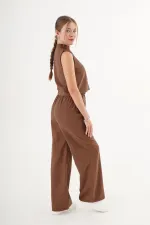 Kolsuz Yelek Bol Pantolon Süet Taba Toptan Takım