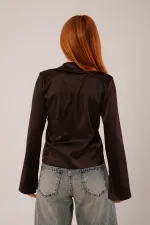 Önden Bağlama Detaylı Saten Toptan Kahverengi Bluz