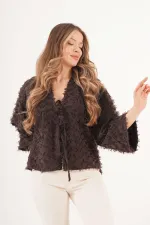 Full Saçaklı İp Bağlamalı Toptan Kahve Kimono