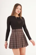 Pileli Yüksek Bel Astarı Şortlu Toptan Kahve Mini Etek