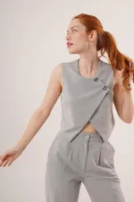Çift Düğmeli Çapraz Model Gri Toptan Yelek