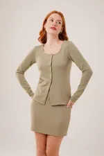 Çizgili Etek Düğmeli Bluz Toptan Haki Takım