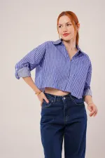 Crop Model Cepli Ve Çizgili Mavi Toptan Gömlek