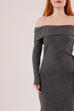 Madonna Yaka Fitilli Toptan Antrasit Triko Elbise