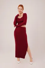 Kare Yaka Bluz Ve Yırtmaç Detaylı Etek Toptan İkili Bordo Takım