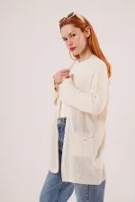 Cepli Salaş Model Triko Uzun Toptan Krem Hırka