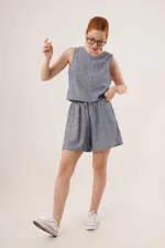 Arkası Düğme Detaylı Bluz Ve Cepli Şort İkili Toptan İndigo Takım