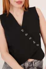 V-Neck Buttoned Triangle Cut Wholesale Black Vest