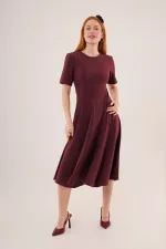 Dikiş Detaylı Kısa Kollu Toptan Bordo Uzun Elbise
