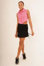 Korse Detay Kısa Kollu Toptan Pembe Gömlek