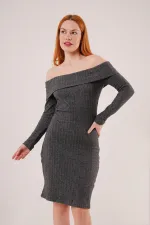 Madonna Yaka Fitilli Toptan Antrasit Triko Elbise