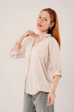 Cep Detay Krem Oversize Çizgili Toptan Gömlek