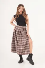 Kemer Detaylı Yan Yırtmaçlı Kahve Ekose Toptan Uzun Etek