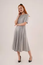 Dikiş Detaylı Kısa Kollu Toptan Gri Uzun Elbise