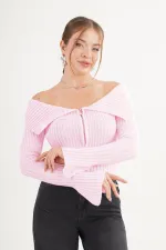 Madonna Yaka Full Fermuarlı Toptan Pembe Triko Bluz