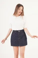 Taş İşlemeli Işıltılı Koyu Kot Toptan Mini Denim Etek