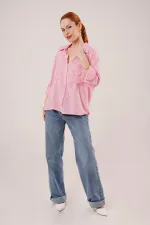 Yarasa Kol Çizgili Cep Detaylı Toptan Pembe Gömlek