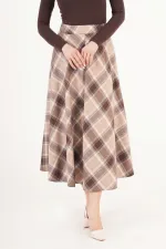 Kareli Yüksek Bel Trend Bej Toptan Etek