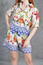 Desenli Şortlu Keten Toptan Bej İkili Takım